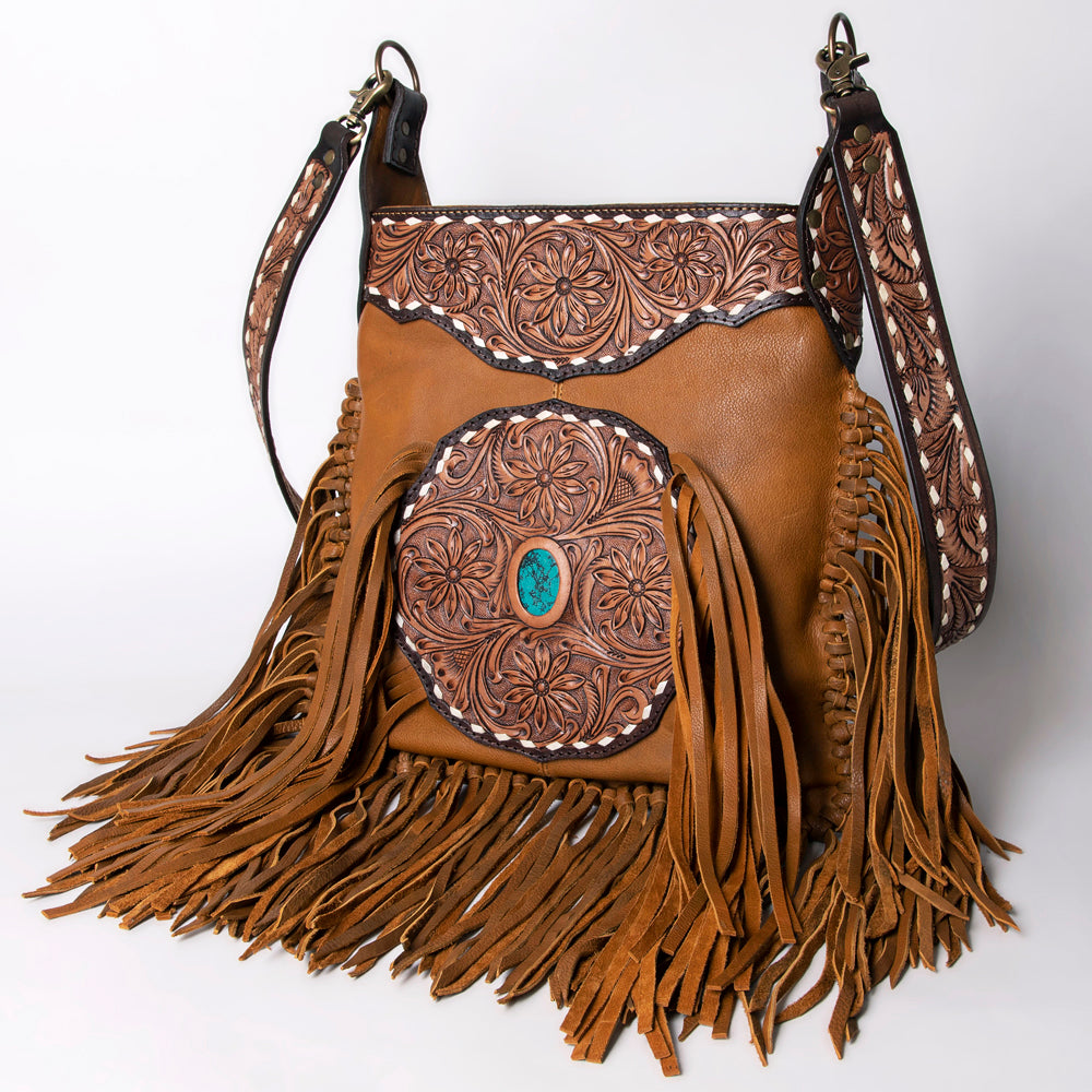 LC-ADBGA234A Western Tooled Leather Fringe Shoulder Bag with Turquoise Stone Accent