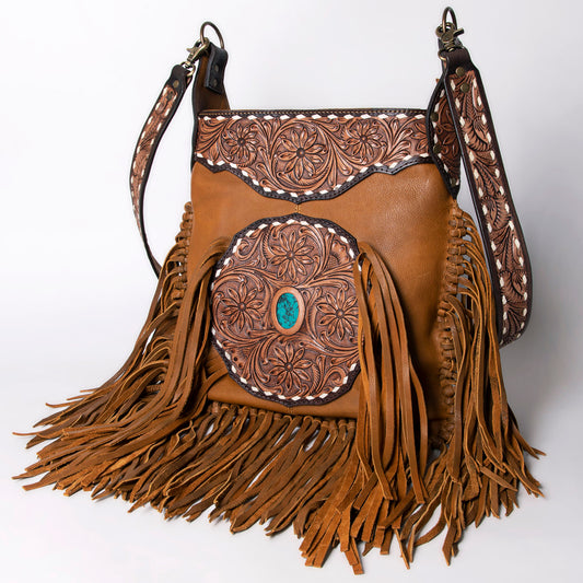 LC-ADBGA234A Western Tooled Leather Fringe Shoulder Bag with Turquoise Stone Accent