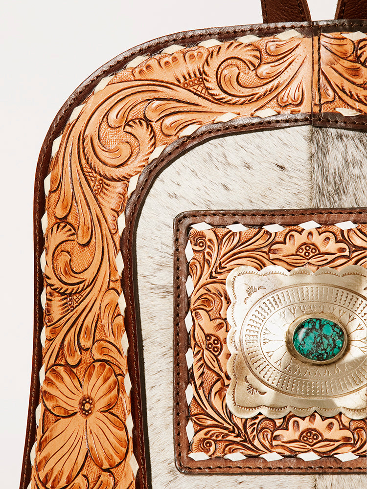 ADBGA235 American Darling Sling Backpack Hair-On Hide with Hand-Tooled Leather & Turquoise Accent
