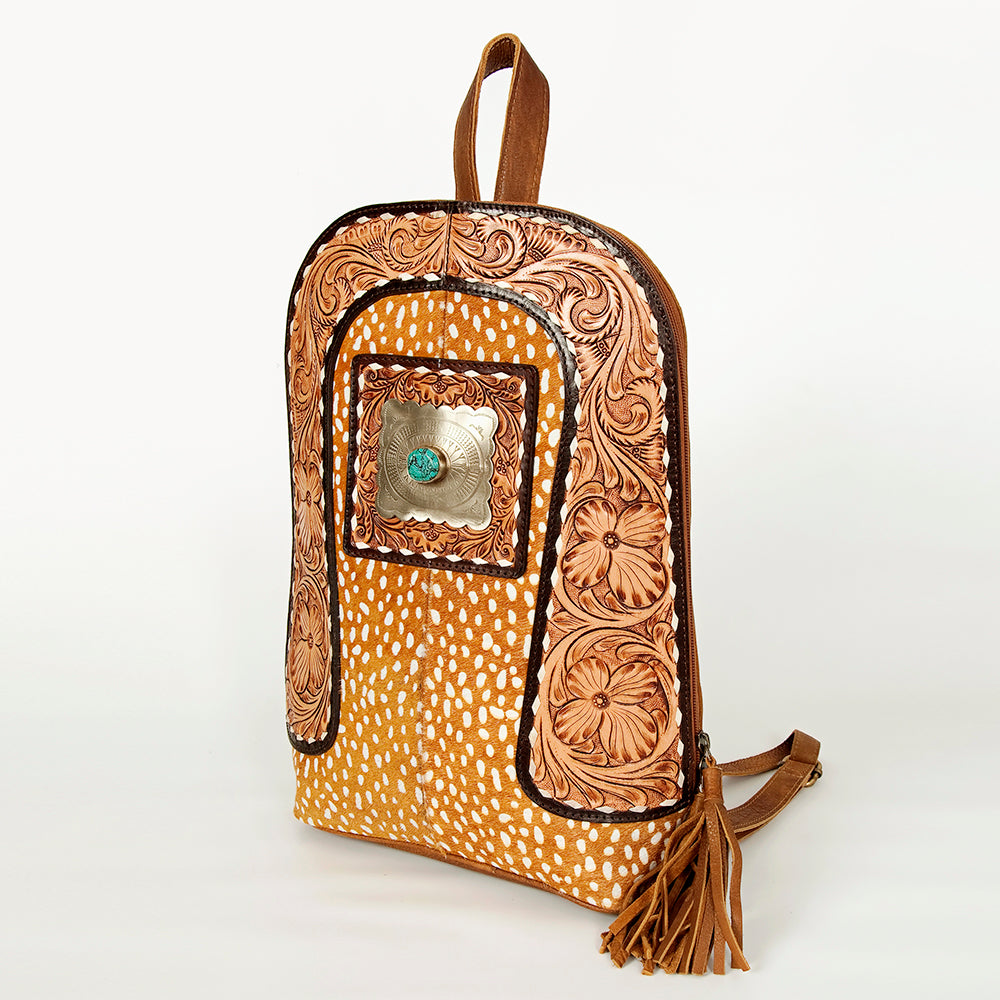 ADBGA235 American Darling Sling Backpack Hair-On Hide with Hand-Tooled Leather & Turquoise Accent