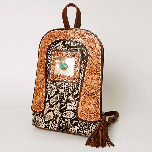 LC-ADBGA235E American Darling Exotic Print Sling Backpack Hand-Tooled Leather with Turquoise Concho