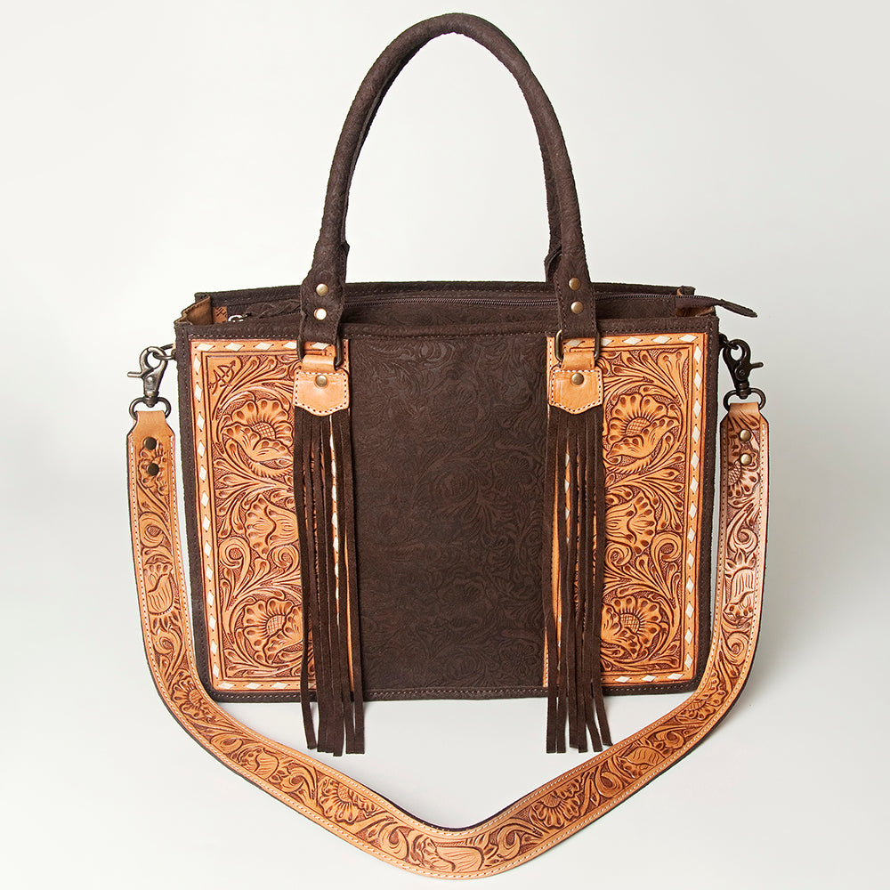 ADBG230 Hand Tooled Leather Tote Bag with Natural Floral Tooled Leather Panels & Fringes