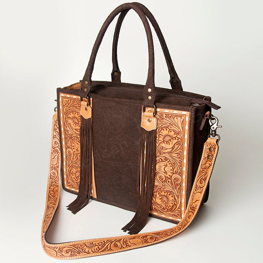 ADBG230 Hand Tooled Leather Tote Bag with Natural Floral Tooled Leather Panels & Fringes