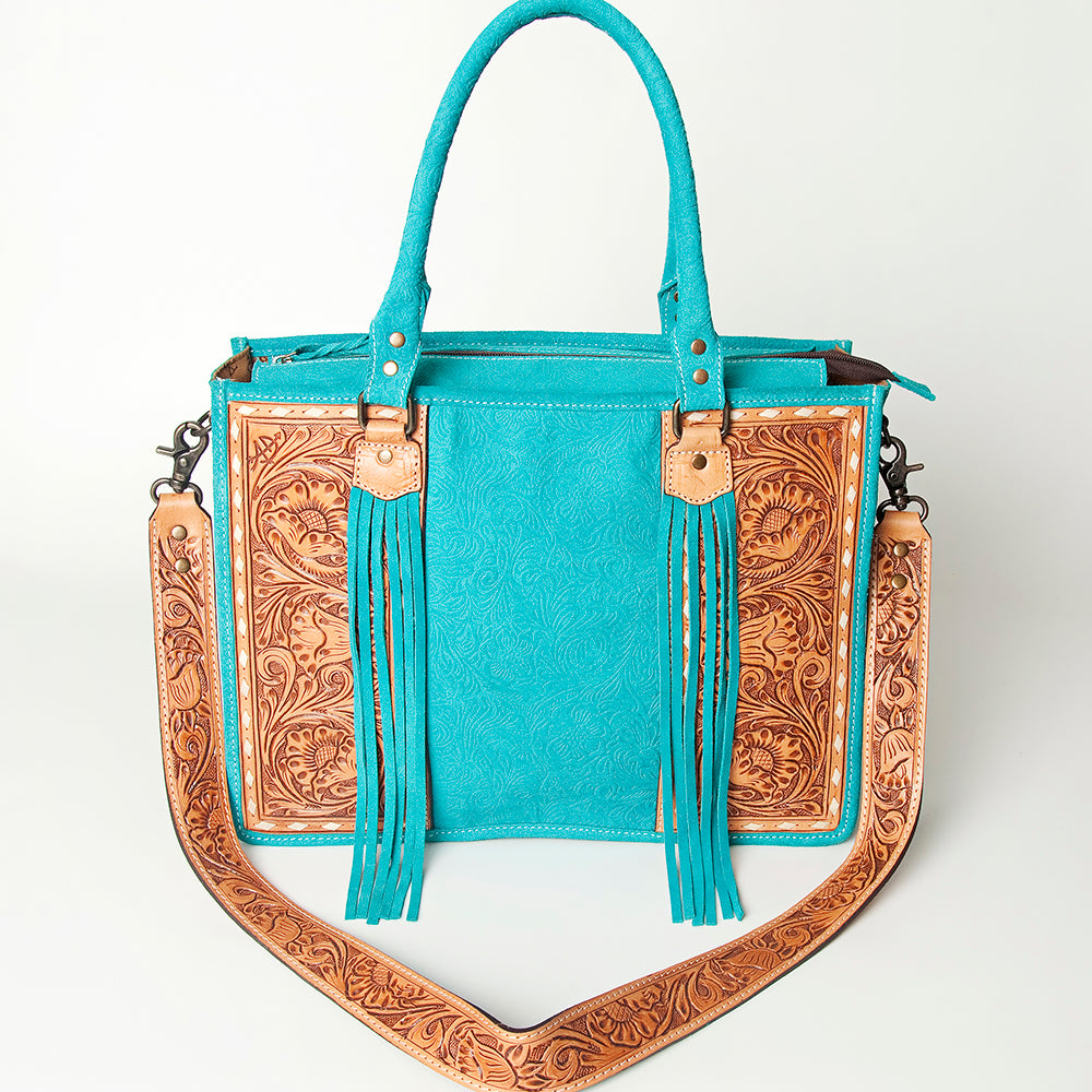 ADBG230 Hand Tooled Leather Tote Bag with Natural Floral Tooled Leather Panels & Fringes