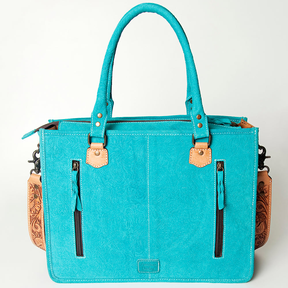 ADBG230 Hand Tooled Leather Tote Bag with Natural Floral Tooled Leather Panels & Fringes
