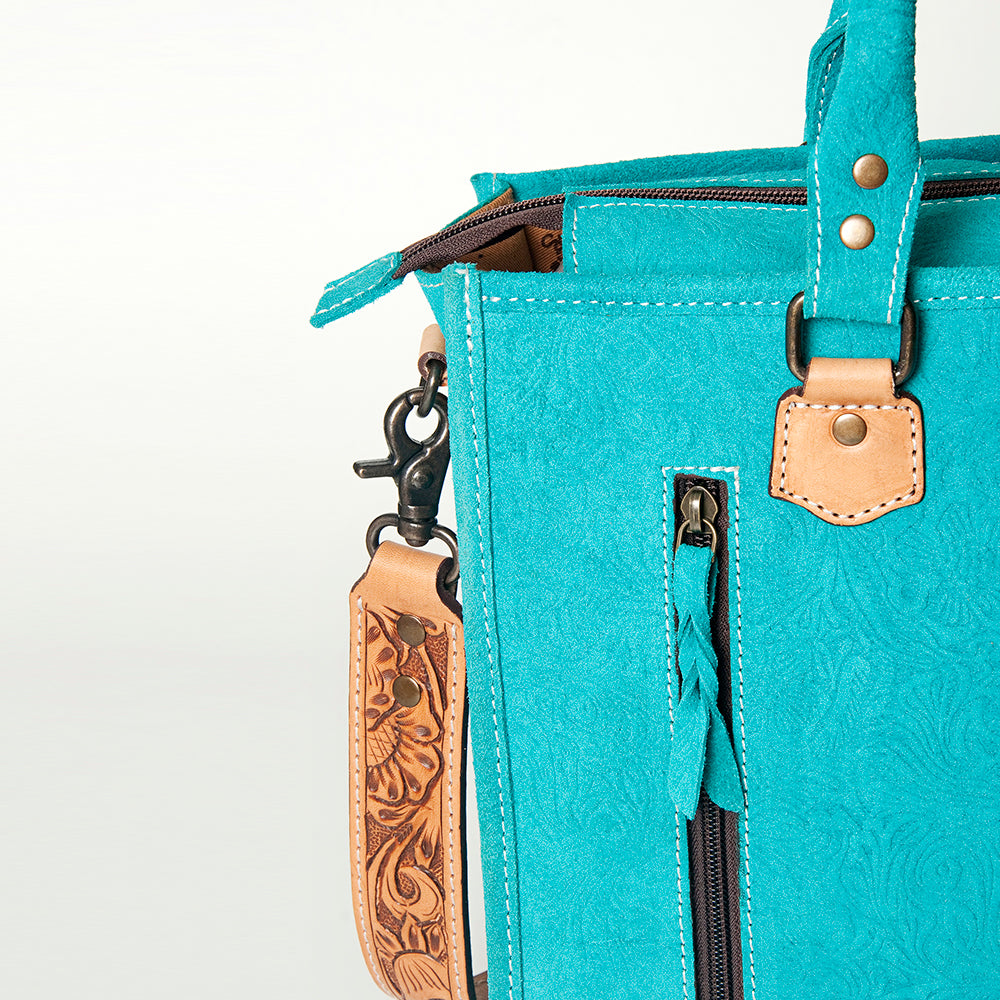 ADBG230 Hand Tooled Leather Tote Bag with Natural Floral Tooled Leather Panels & Fringes