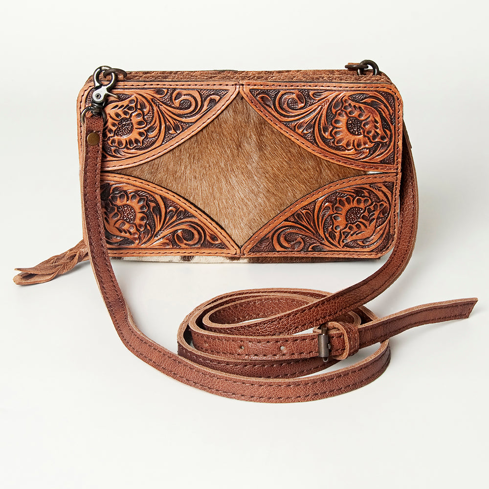 LC-ADBG805 Hand-Tooled Western Leather Hair-On Hide Wallet Crossbody Bag American Darling