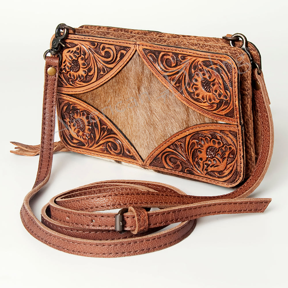 LC-ADBG805 Hand-Tooled Western Leather Hair-On Hide Wallet Crossbody Bag American Darling