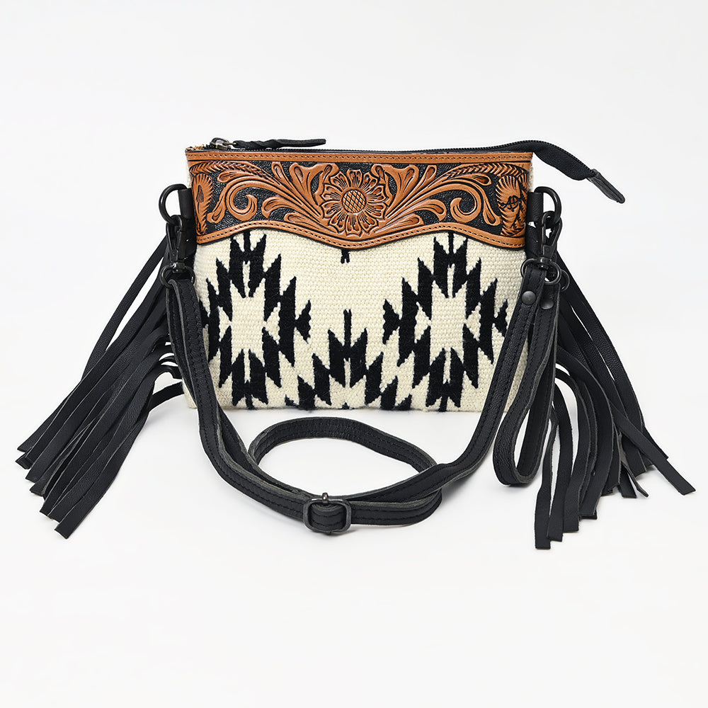 LC-ADBGZ183H Black & White Tribal Wool Crossbody Bag with Tooled Leather and Fringe - Western Purse