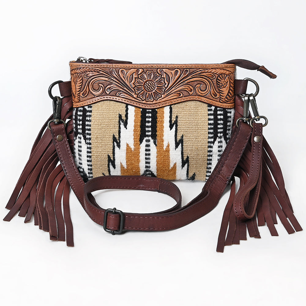 LC-ADBGZ183 Southwestern Wool Crossbody Bag with Tooled Leather & Fringe - Western Style Purse