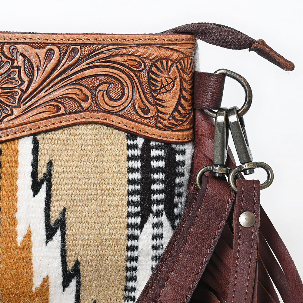 LC-ADBGZ183 Southwestern Wool Crossbody Bag with Tooled Leather & Fringe - Western Style Purse