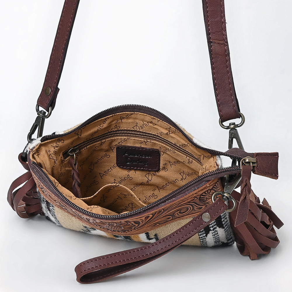 LC-ADBGZ183 Southwestern Wool Crossbody Bag with Tooled Leather & Fringe - Western Style Purse