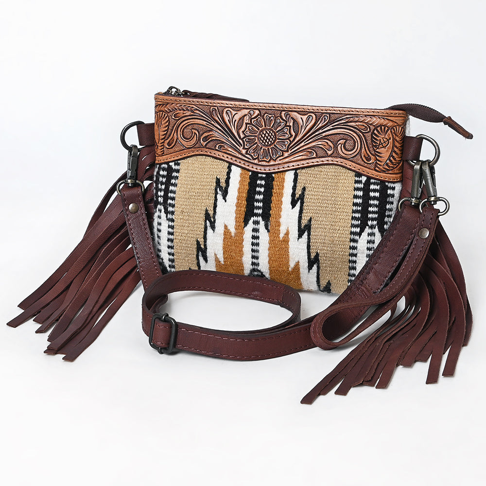 LC-ADBGZ183 Southwestern Wool Crossbody Bag with Tooled Leather & Fringe - Western Style Purse