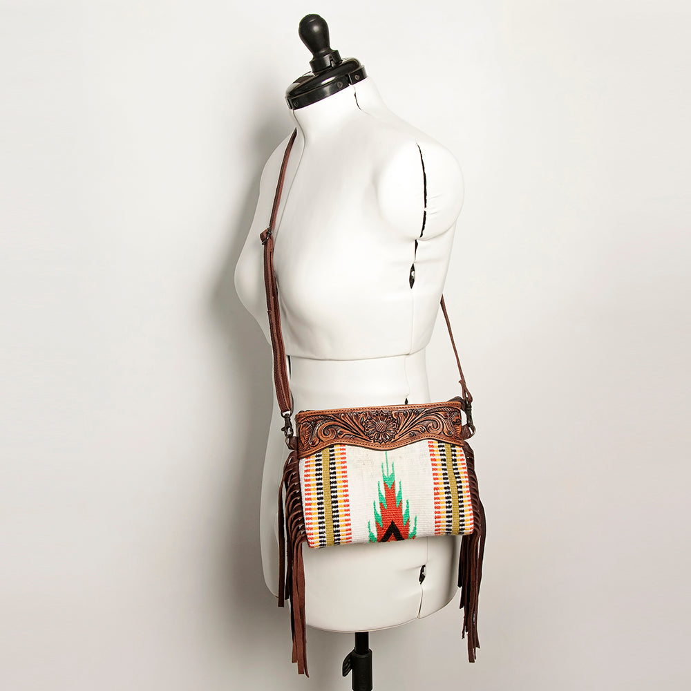 LC-ADBGZ183J Southwestern Flame Pattern Wool Crossbody Bag with Tooled Leather & Fringe - Western Purse