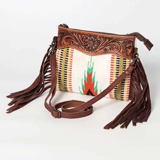 LC-ADBGZ183J Southwestern Flame Pattern Wool Crossbody Bag with Tooled Leather & Fringe - Western Purse