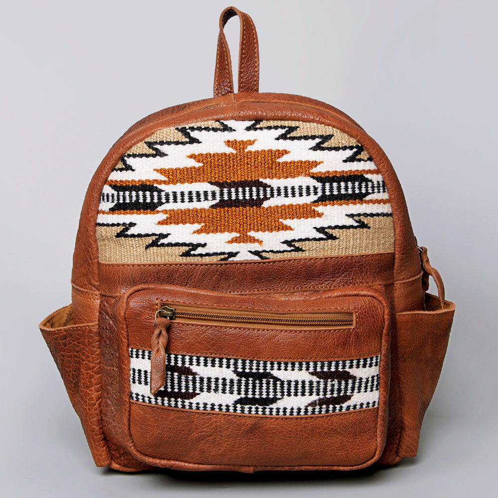 LC-ADBGZ214E Tan Leather Backpack with Aztec Wool Pattern - Southwestern Handmade Daypack