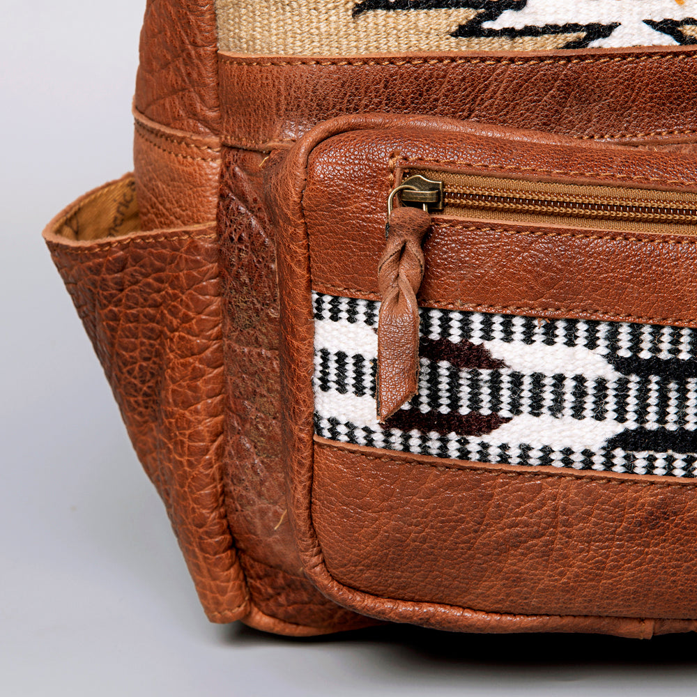 LC-ADBGZ214E Tan Leather Backpack with Aztec Wool Pattern - Southwestern Handmade Daypack