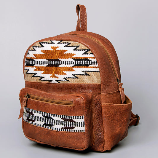 LC-ADBGZ214E Tan Leather Backpack with Aztec Wool Pattern - Southwestern Handmade Daypack