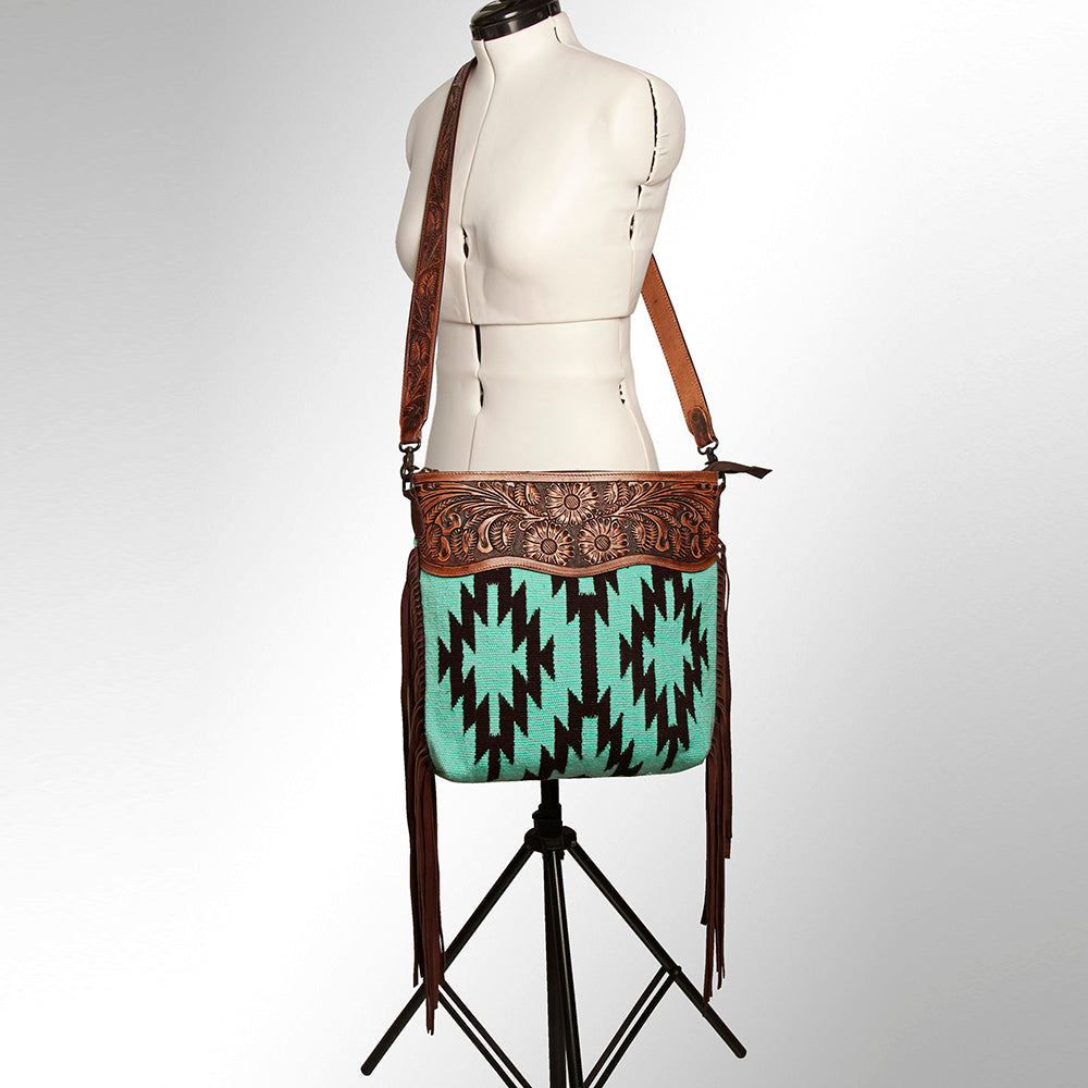 LC-ADBGZ230 Aztec Wool Crossbody with Tooled Leather & Fringe - Western Shoulder Bag