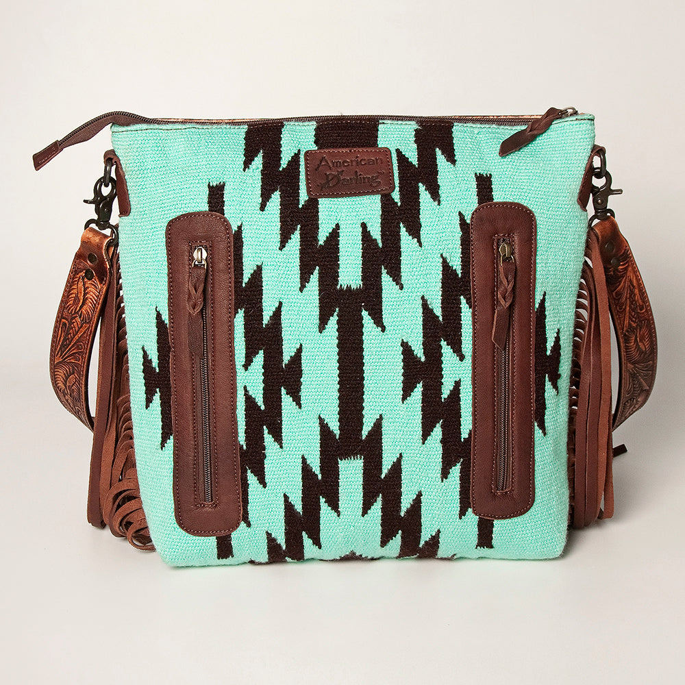 LC-ADBGZ230 Aztec Wool Crossbody with Tooled Leather & Fringe - Western Shoulder Bag