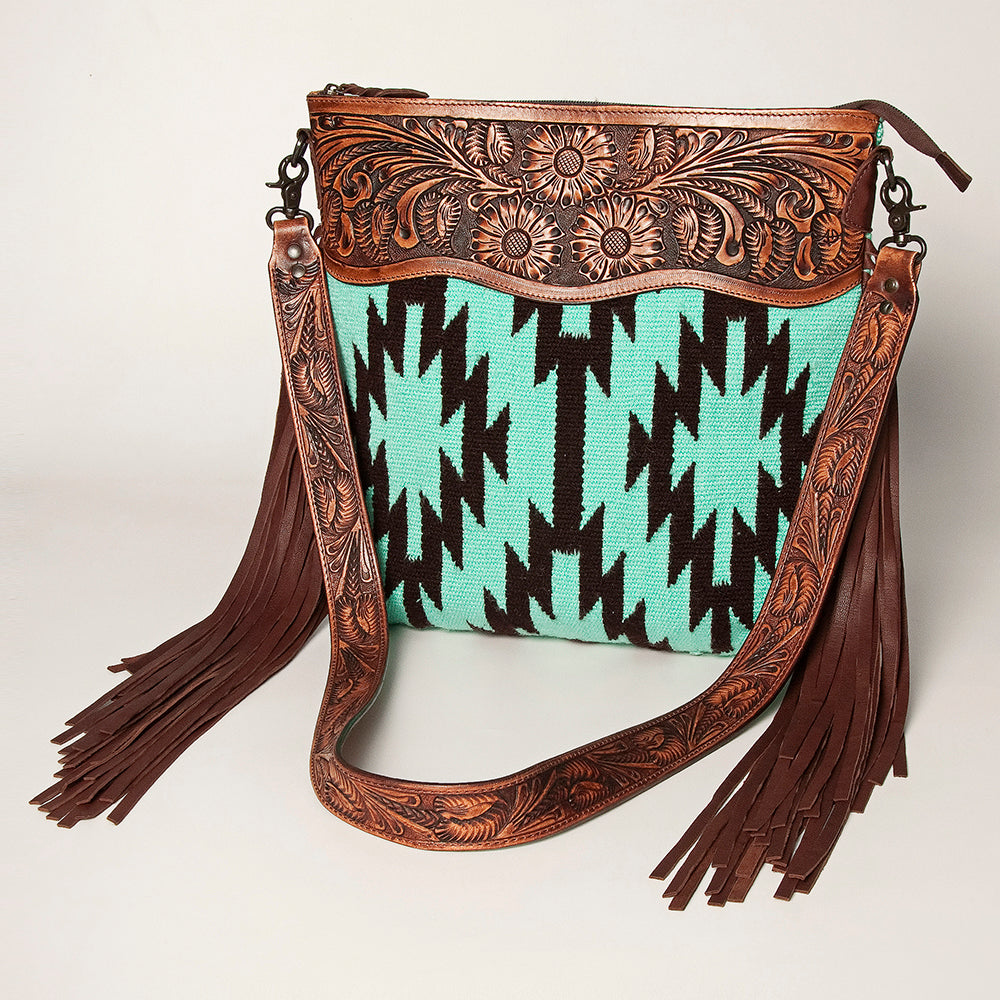 LC-ADBGZ230 Aztec Wool Crossbody with Tooled Leather & Fringe - Western Shoulder Bag