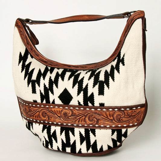 LC-ADBGZ310 Hand Tooled Leather Hobo Bag - Black & White Wool Aztec Shoulder Purse