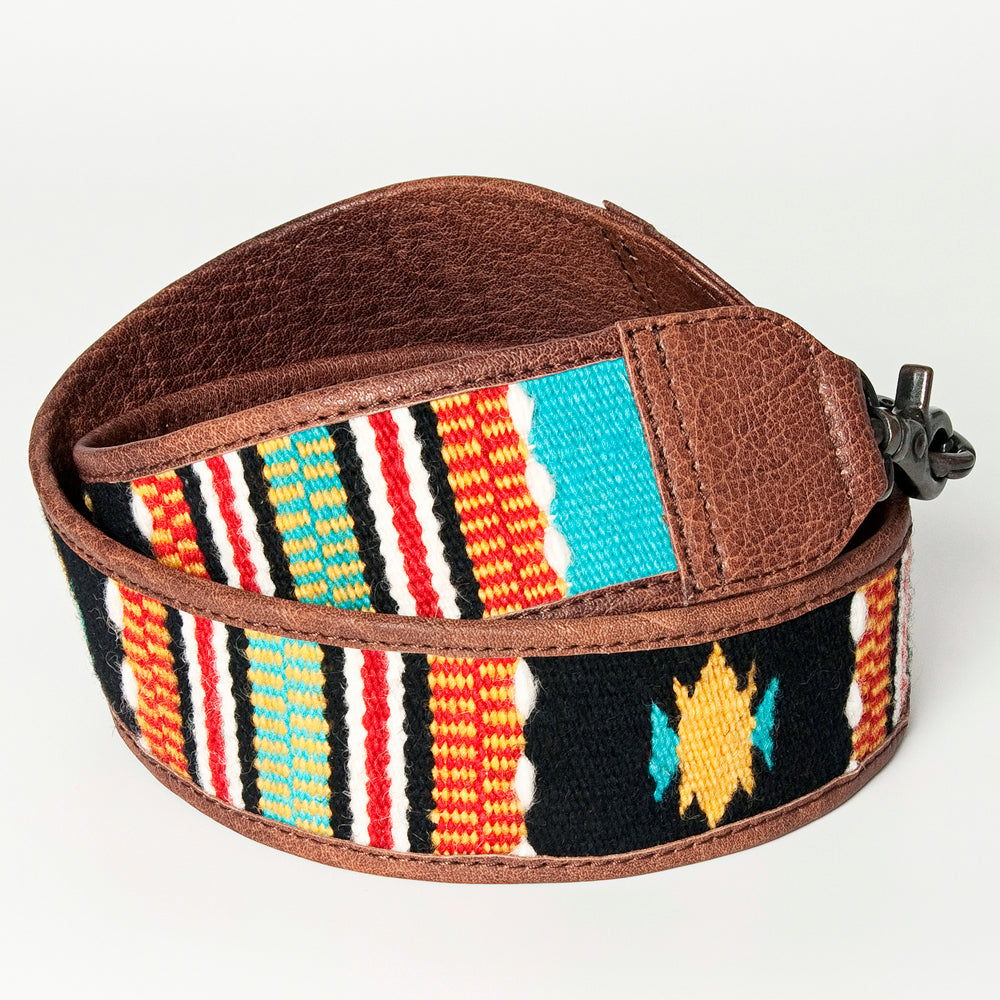 LC-ADBT141 Southwestern Woven Bag Strap with Tribal Pattern & Brown Leather Trim - Handmade Replacement