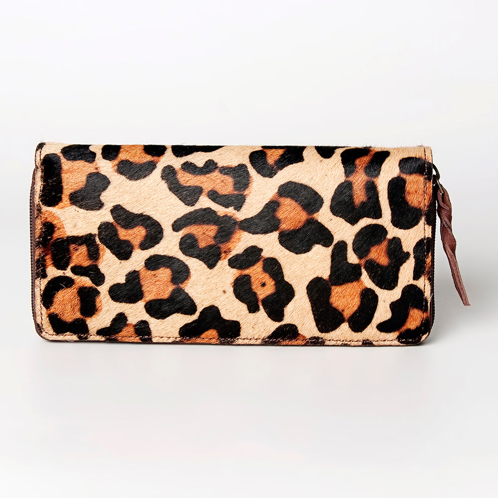 LC-ADBGZ586 Hair-On Cowhide Leopard Print Zip Wallet - Western Exotic Hide Clutch