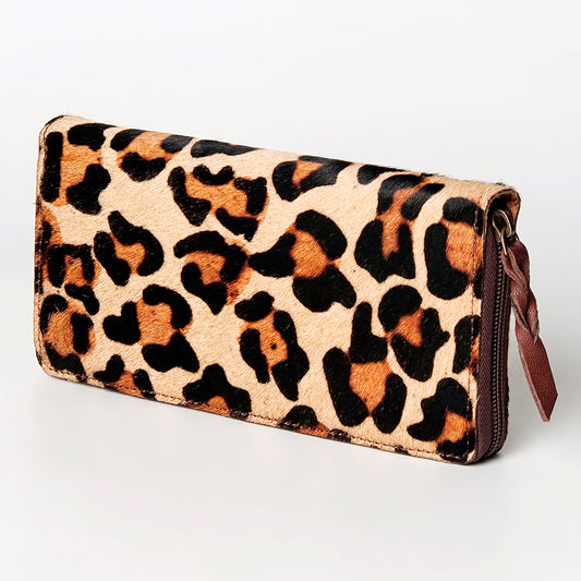 LC-ADBGZ586 Hair-On Cowhide Leopard Print Zip Wallet - Western Exotic Hide Clutch