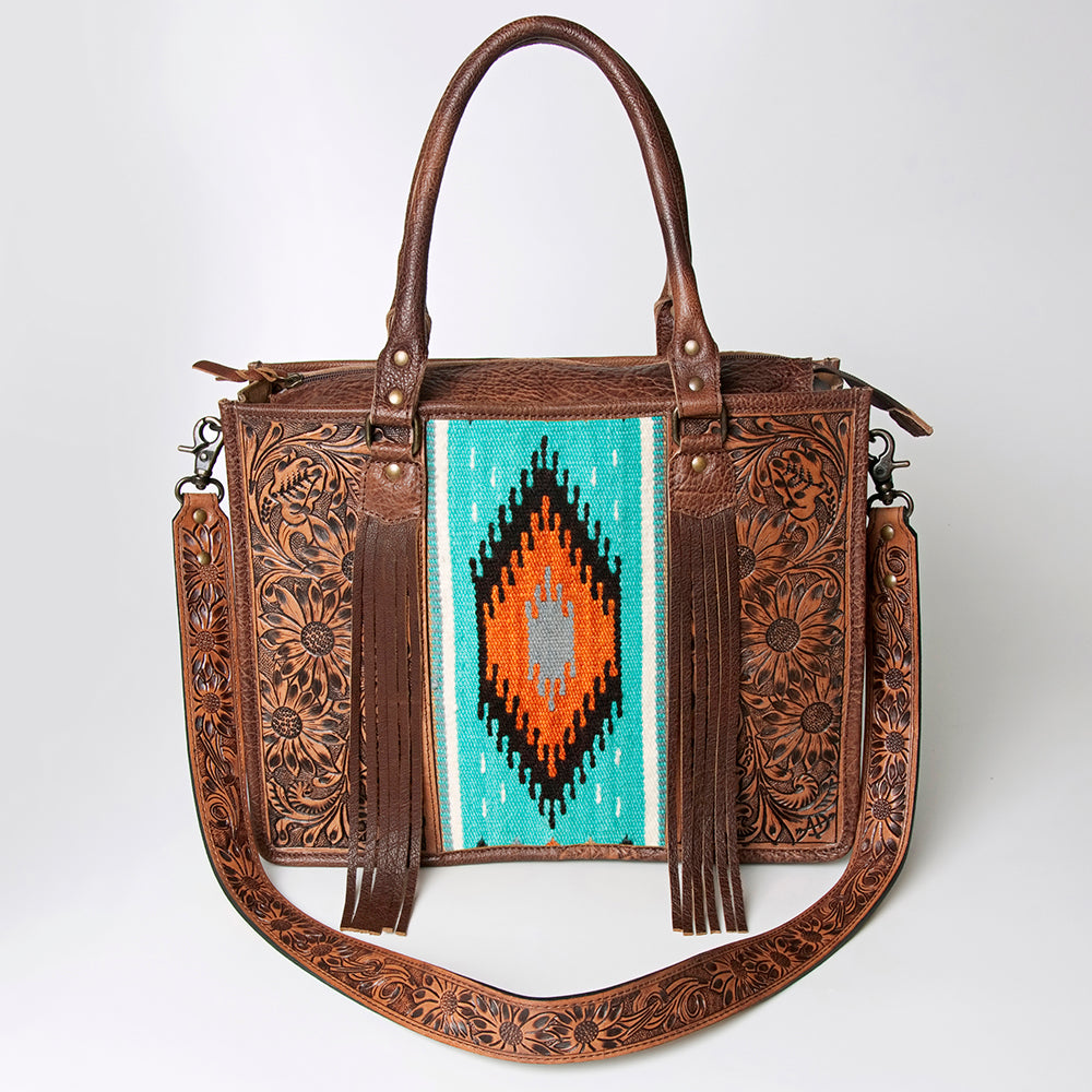 ADBG230 Western Leather Tote Bag with Saddle Blanket, Floral Design & Leather Fringes