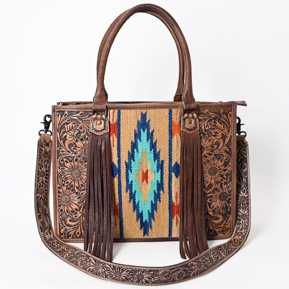 ADBG230 Western Leather Tote Bag with Saddle Blanket, Floral Design & Leather Fringes
