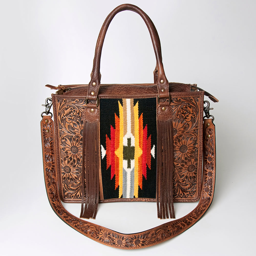 ADBG230 Western Leather Tote Bag with Saddle Blanket, Floral Design & Leather Fringes