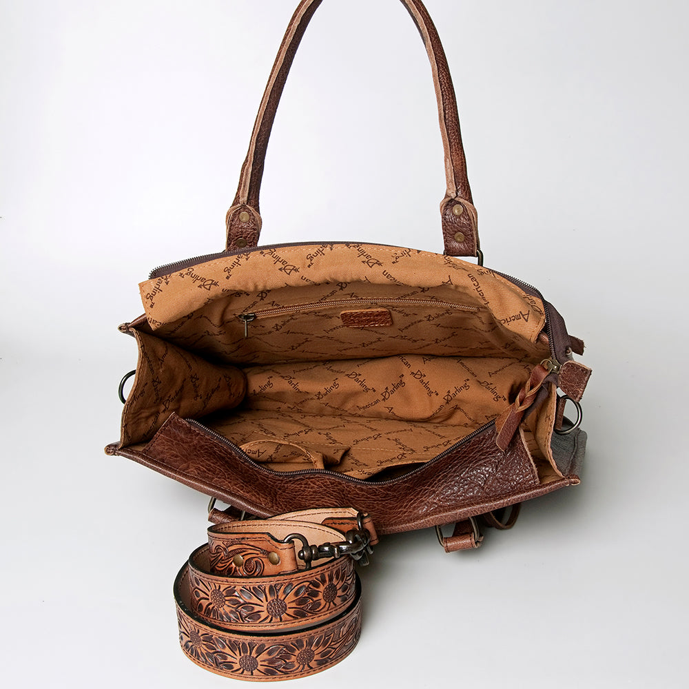ADBG230 Western Leather Tote Bag with Saddle Blanket, Floral Design & Leather Fringes