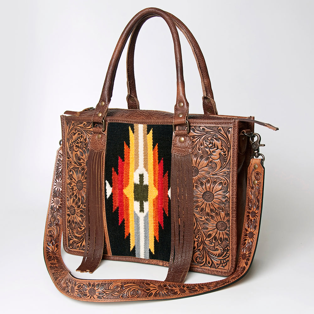 ADBG230 Western Leather Tote Bag with Saddle Blanket, Floral Design & Leather Fringes