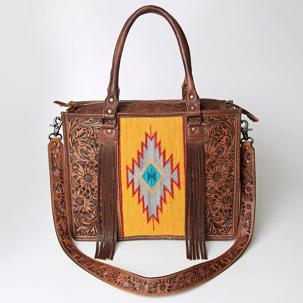 ADBG230 Western Leather Tote Bag with Saddle Blanket, Floral Design & Leather Fringes