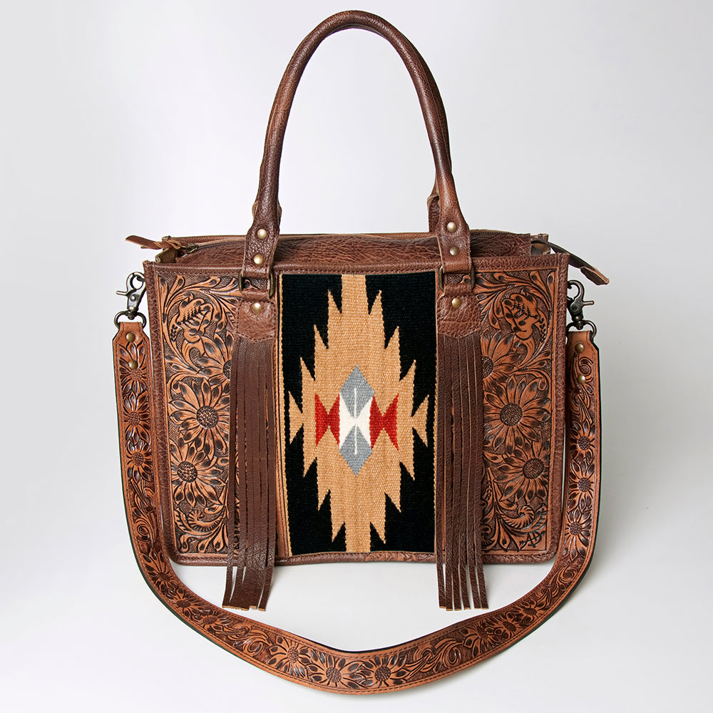 ADBG230 Western Leather Tote Bag with Saddle Blanket, Floral Design & Leather Fringes