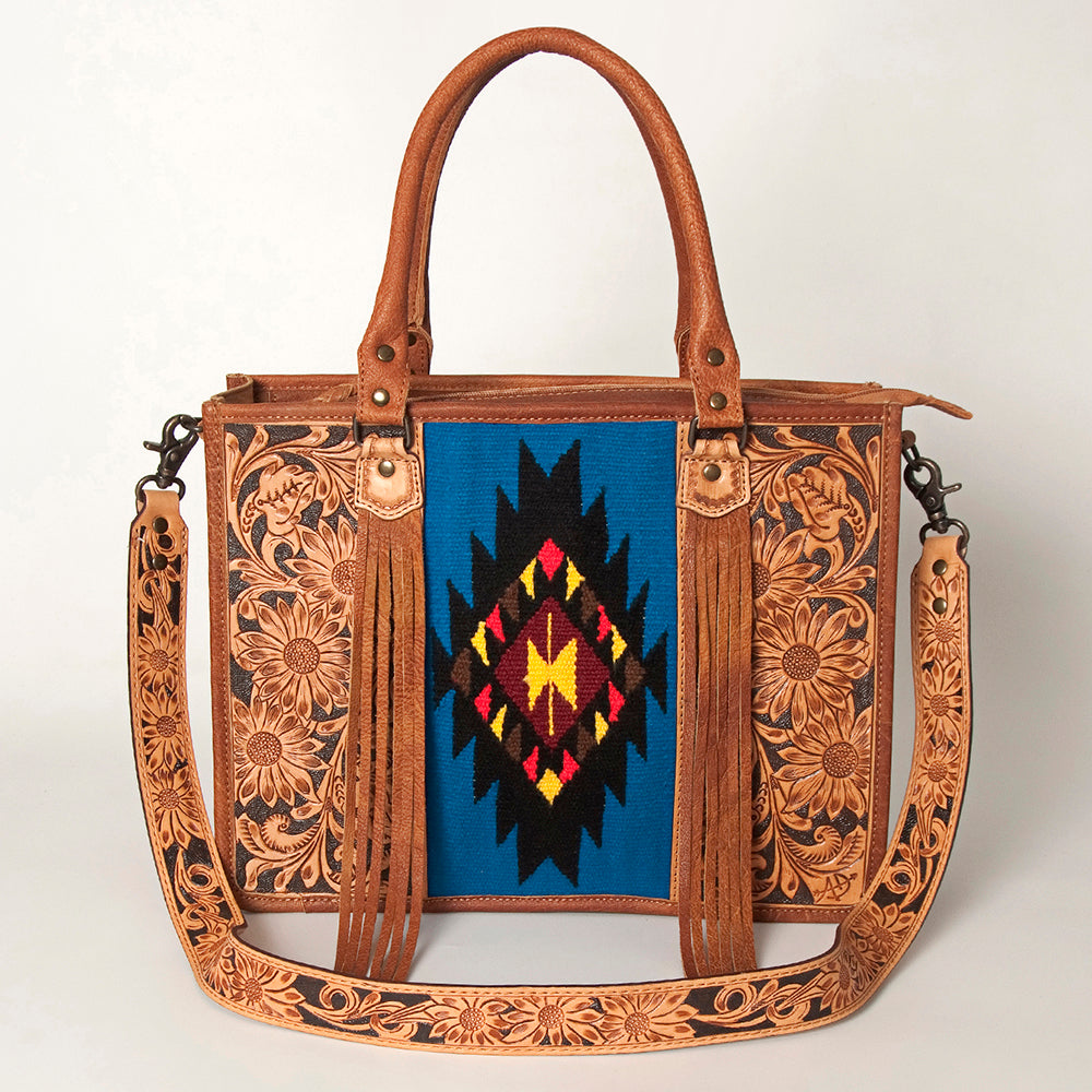 ADBG230 Western Leather Tote Bag with Saddle Blanket, Floral Design & Leather Fringes