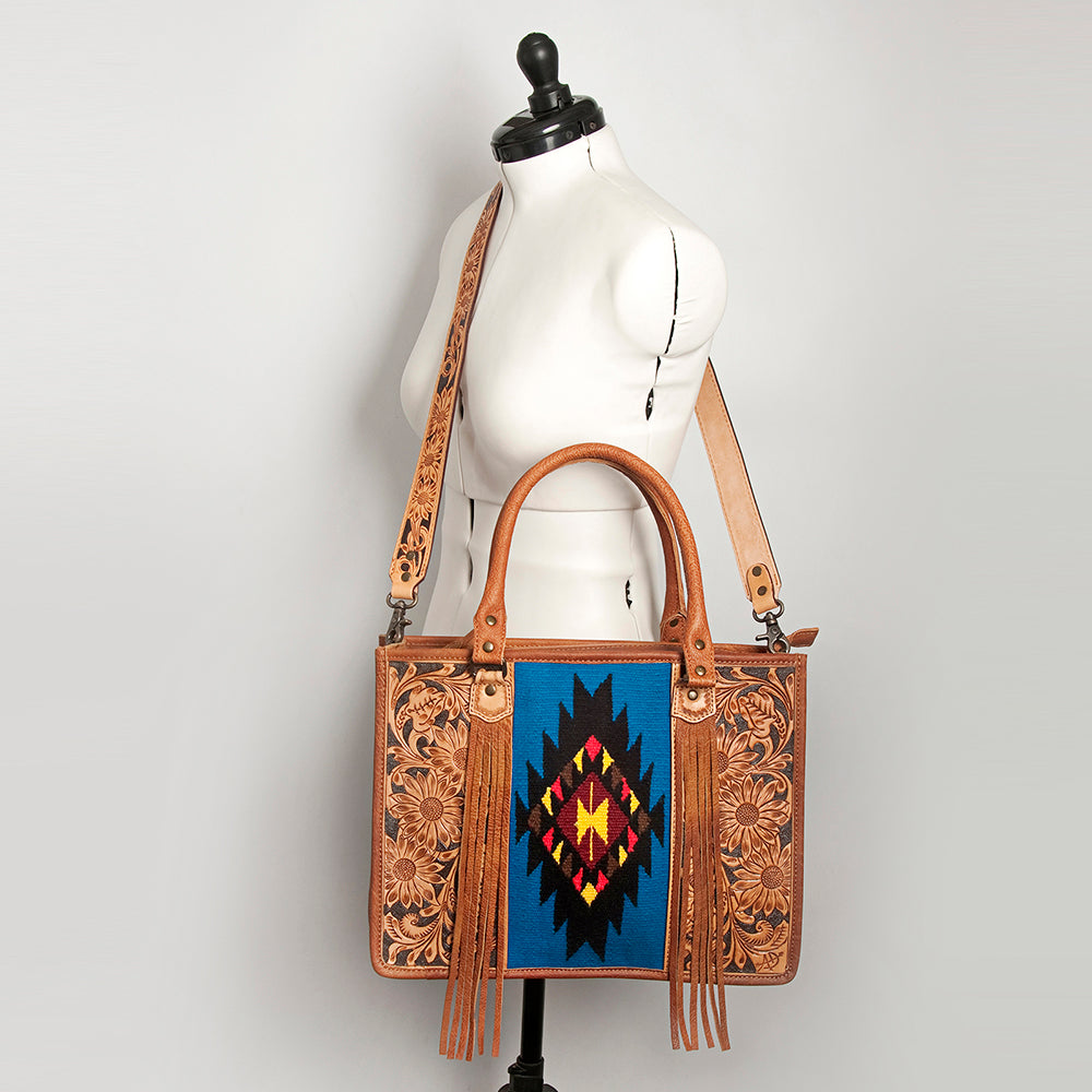 ADBG230 Western Leather Tote Bag with Saddle Blanket, Floral Design & Leather Fringes