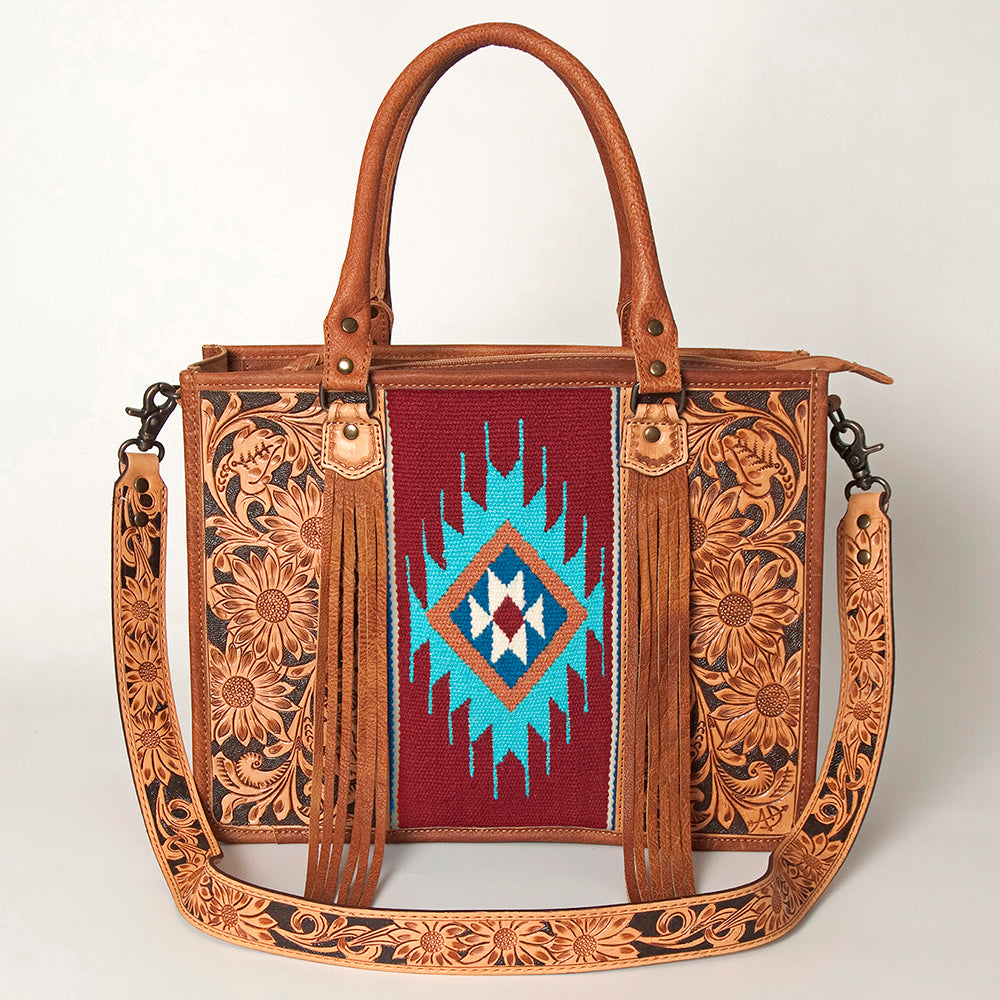 ADBG230 Western Leather Tote Bag with Saddle Blanket, Floral Design & Leather Fringes