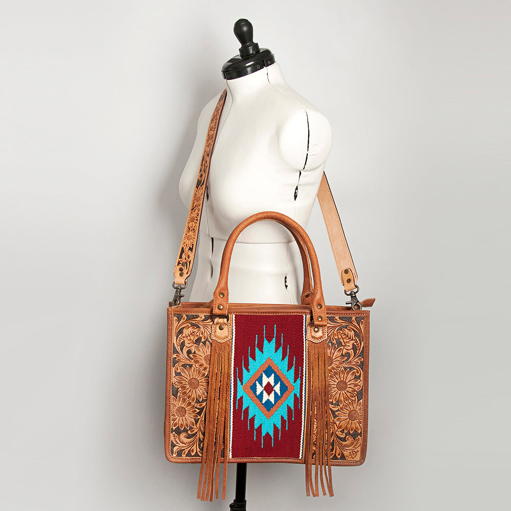 ADBG230 Western Leather Tote Bag with Saddle Blanket, Floral Design & Leather Fringes
