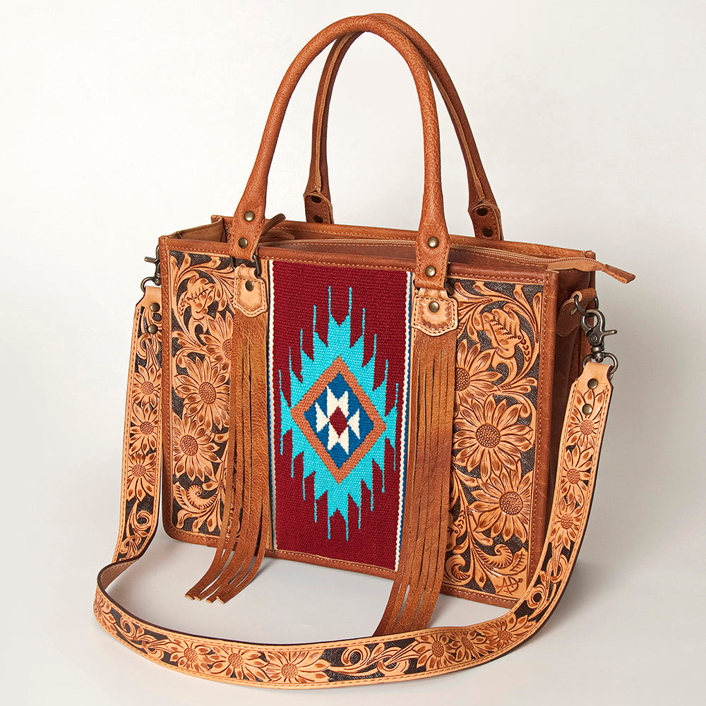 ADBG230 Western Leather Tote Bag with Saddle Blanket, Floral Design & Leather Fringes