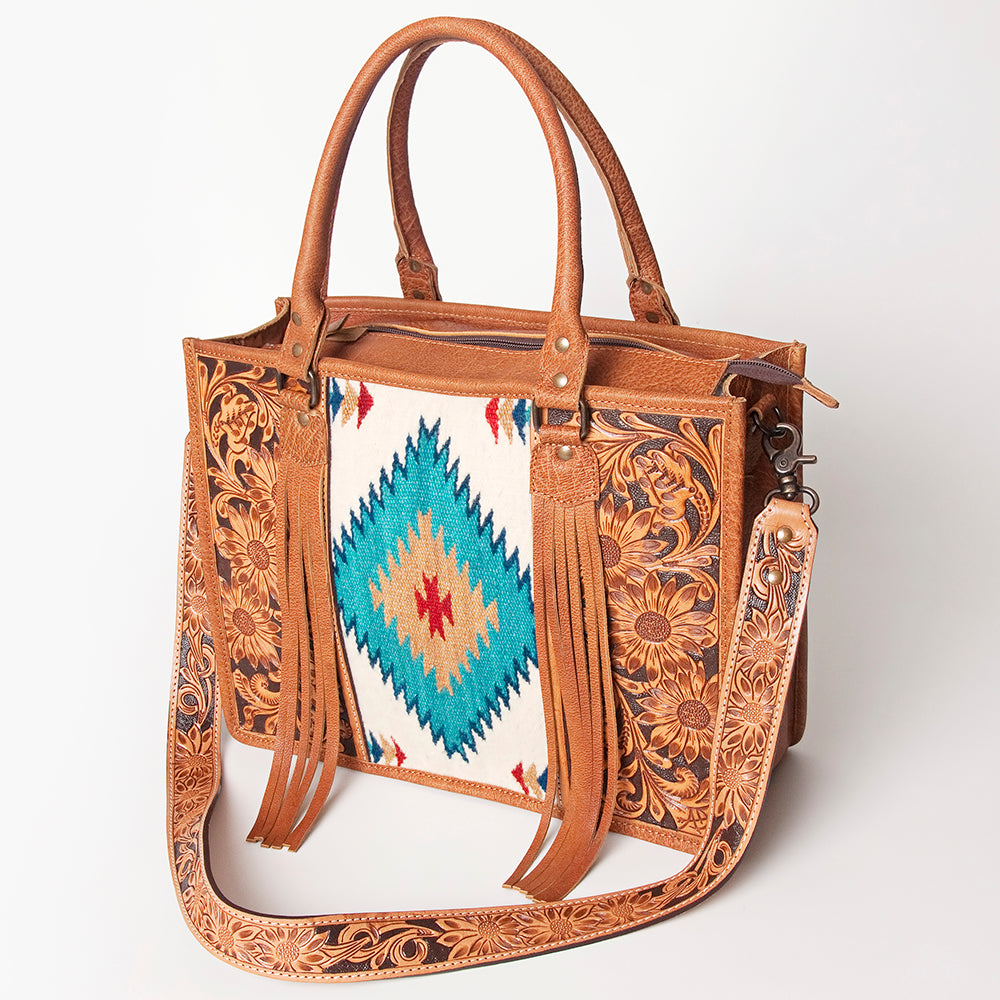 ADBG230 Western Leather Tote Bag with Saddle Blanket, Floral Design & Leather Fringes