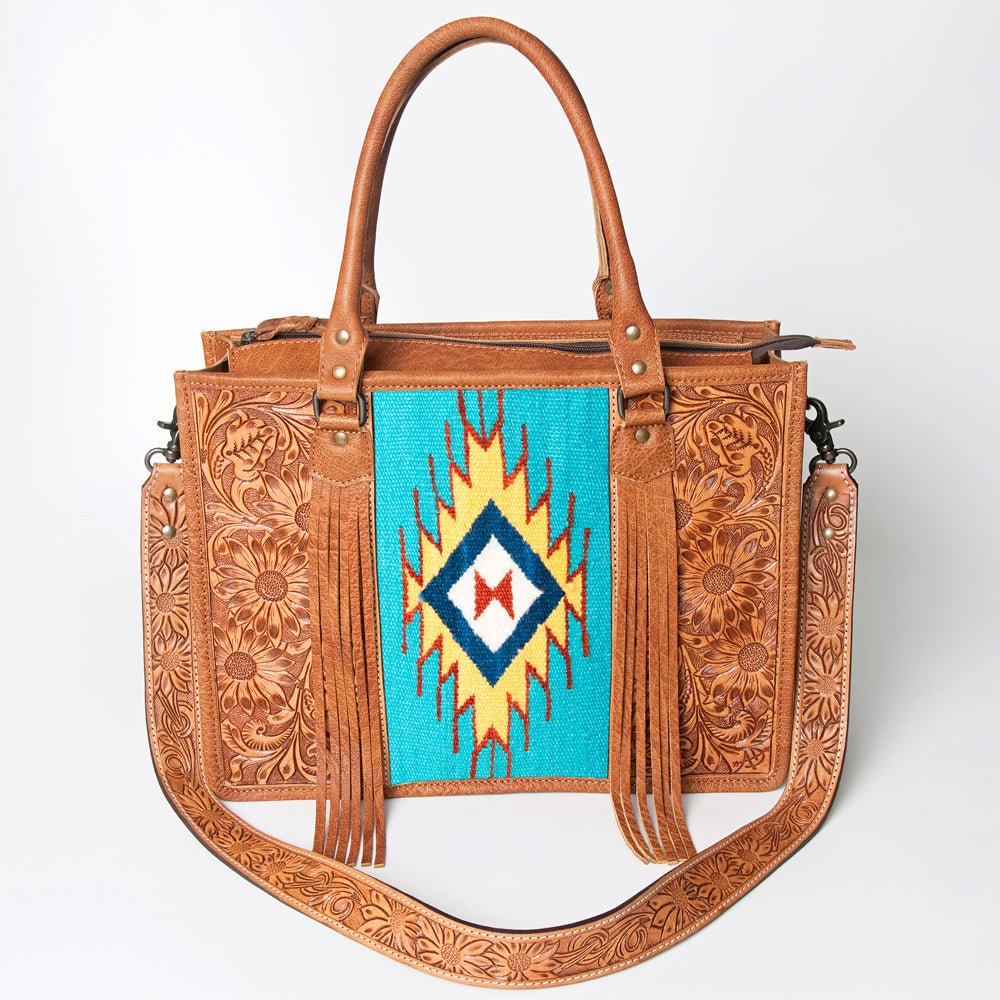 ADBG230 Hand Tooled Leather Tote Bag with Southwestern Saddle Blanket Accent & Floral Detailing