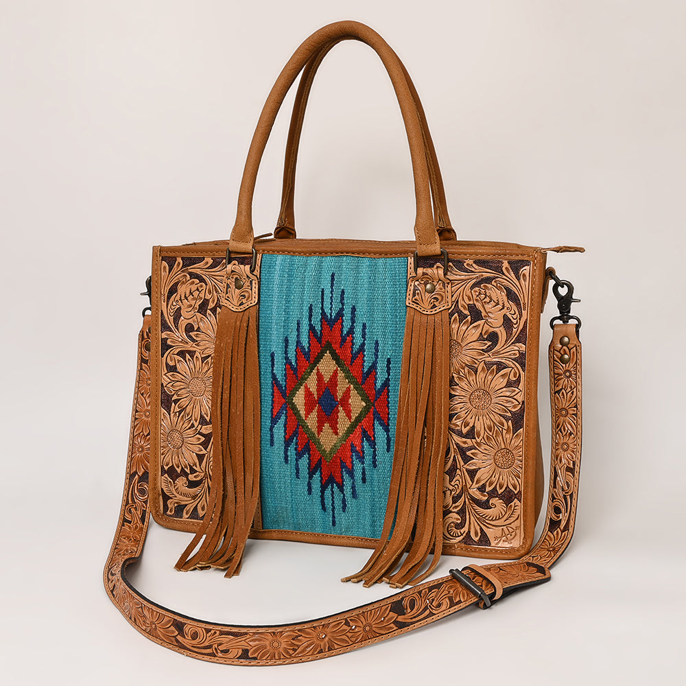 ADBG230 Hand Tooled Leather Tote Bag with Southwestern Saddle Blanket Accent & Floral Detailing