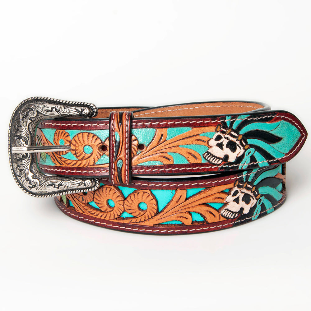 LC-ADBLF128 Hand-Tooled Leather Belt Buckle - Skull & Feather Turquoise Design