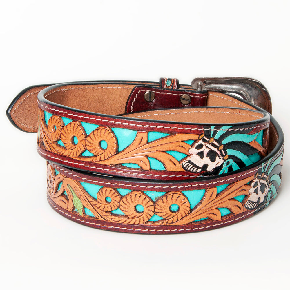 LC-ADBLF128 Hand-Tooled Leather Belt Buckle - Skull & Feather Turquoise Design