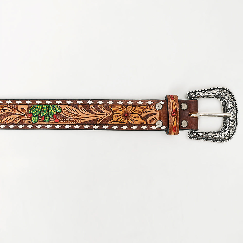 LC-ADBLF129 Hand Tooled Leather Western Belt - Floral & Cactus Design