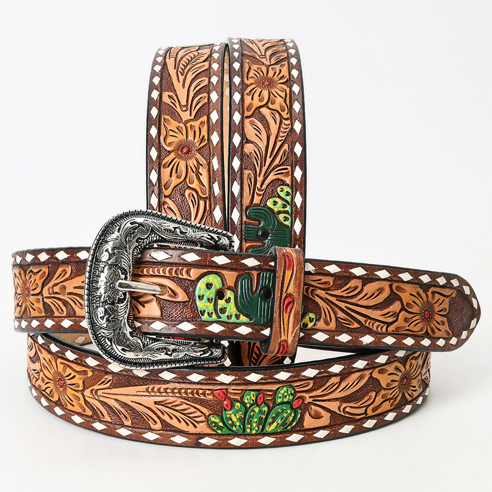 LC-ADBLF129 Hand Tooled Leather Western Belt - Floral & Cactus Design