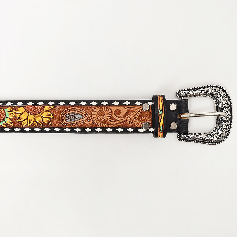 LC-ADBLF130 Hand Tooled Leather Western Belt - Sunflower, Paisley & Floral Pattern with Silver Buckle
