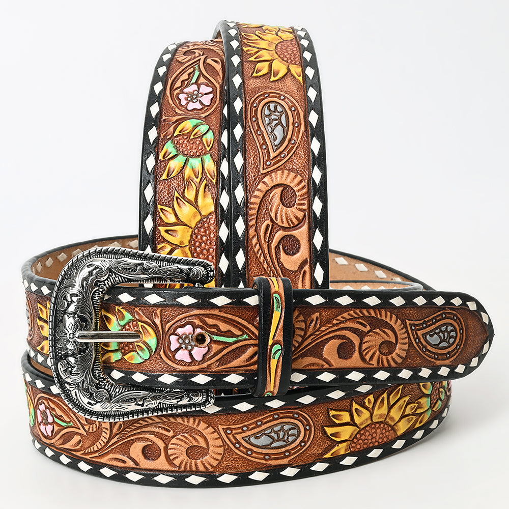 LC-ADBLF130 Hand Tooled Leather Western Belt - Sunflower, Paisley & Floral Pattern with Silver Buckle